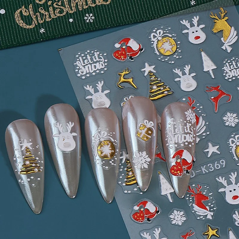 Christmas Nail Art Stickers 5D Embossed Xmas Tree Snowflake Deer Pattern PVC Manicure Gift Decals - K190