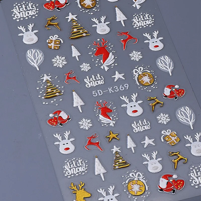 Christmas Nail Art Stickers 5D Embossed Xmas Tree Snowflake Deer Pattern PVC Manicure Gift Decals - K190