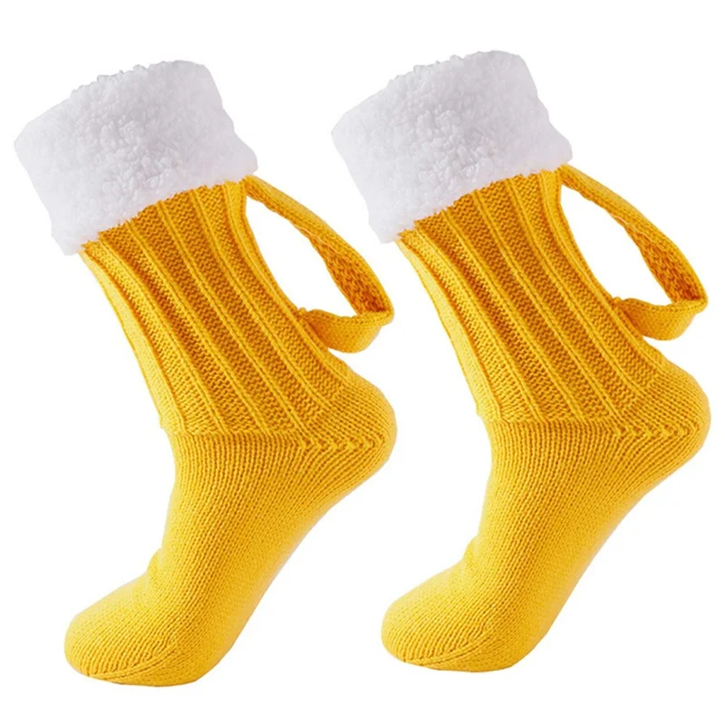1 Pair Funny 3D Beer Mug Mid Calf Socks with Handle Loop for Autumn Winter Knitted Floor Socks - Yellow