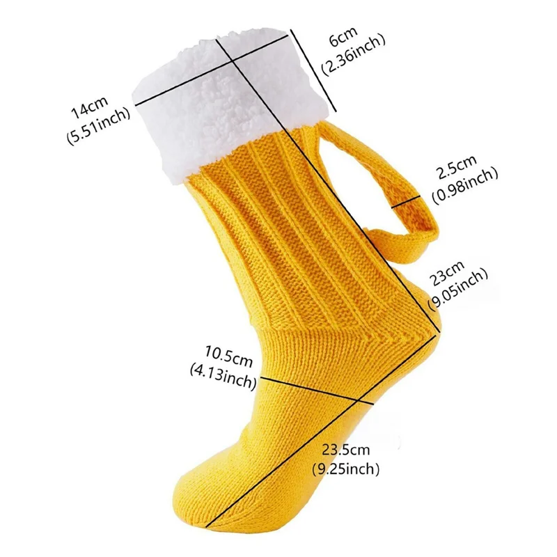 1 Pair Funny 3D Beer Mug Mid Calf Socks with Handle Loop for Autumn Winter Knitted Floor Socks - Yellow
