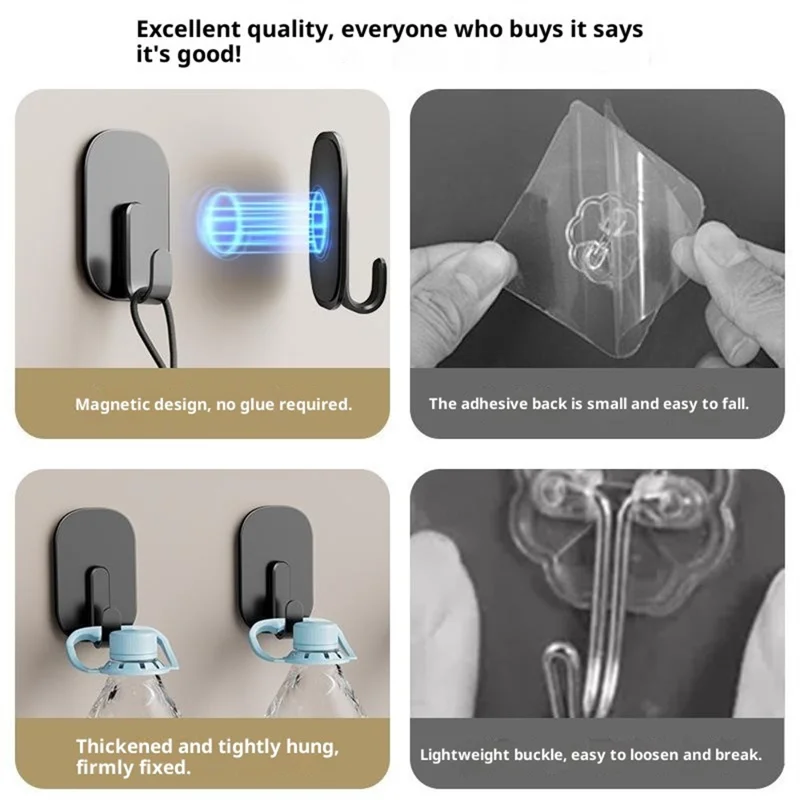 2Pcs No Trace Magnetic Hooks for Refrigerator Side Door Multipurpose Strong Magnet Hanger - Black