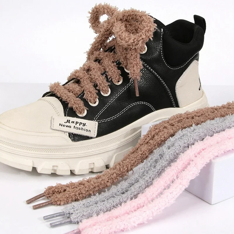 1 Pair 120cm Fluffy Shoelaces for Winter Sneakers Solid Color Plush Shoe Strings - White