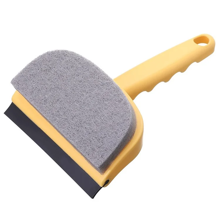 Double-Sided Cleaning Brush Sponge+Scraper Easy Scrubbing for Bathroom Mirrors, Glass Doors and Windows, Sinks - Yellow