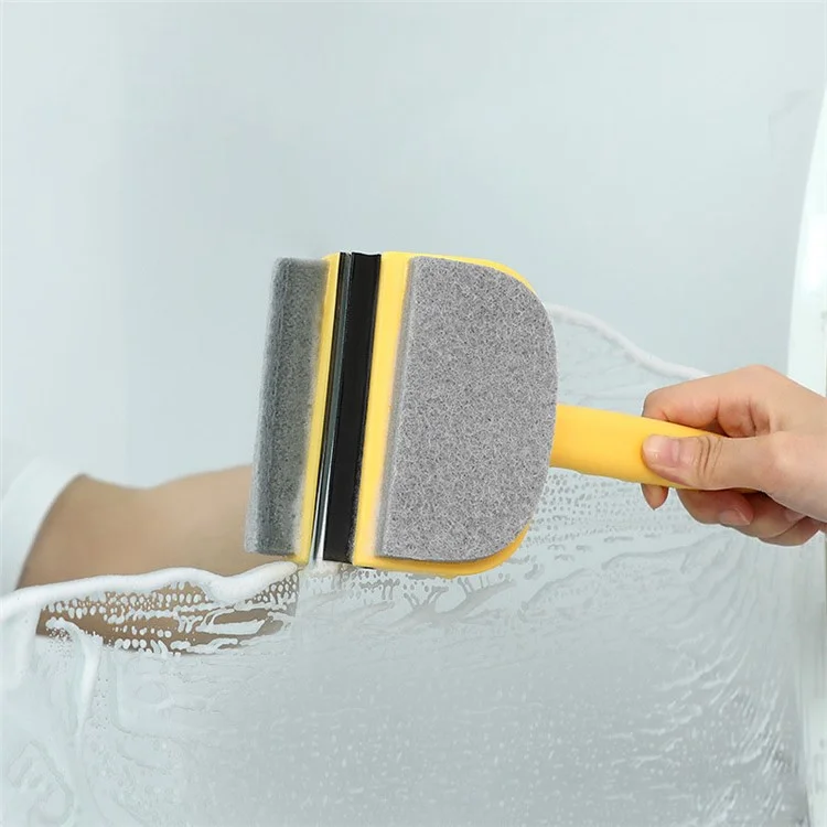 Double-Sided Cleaning Brush Sponge+Scraper Easy Scrubbing for Bathroom Mirrors, Glass Doors and Windows, Sinks - Yellow