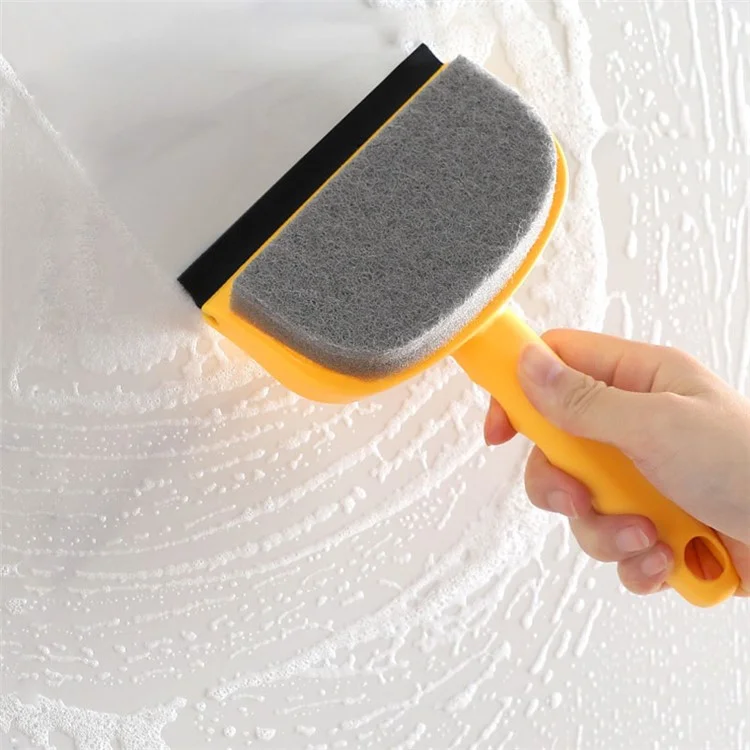 Double-Sided Cleaning Brush Sponge+Scraper Easy Scrubbing for Bathroom Mirrors, Glass Doors and Windows, Sinks - Yellow