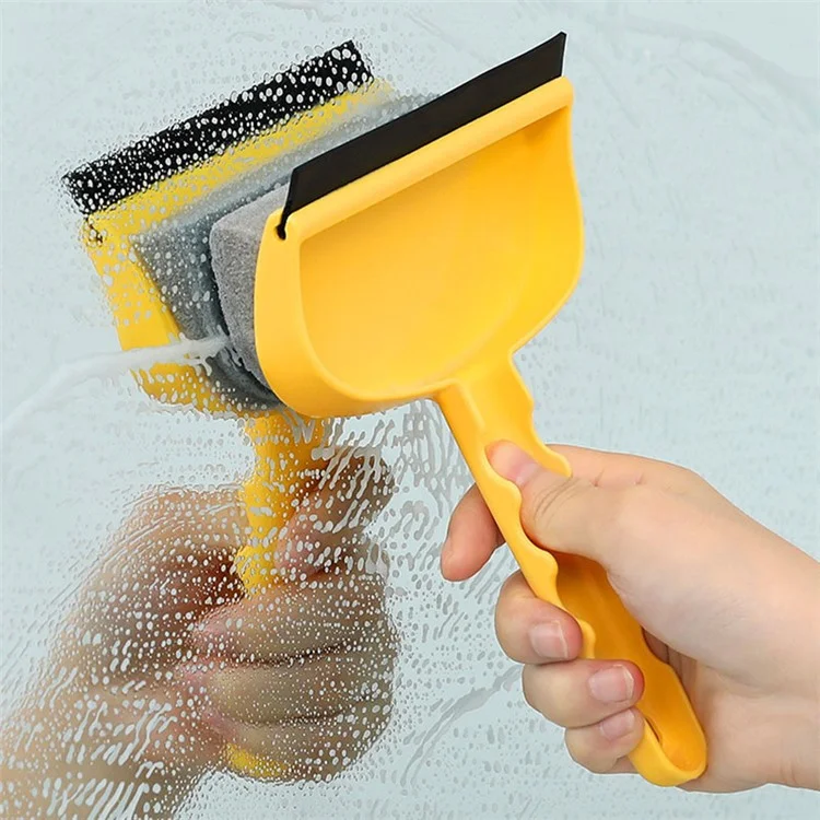 Double-Sided Cleaning Brush Sponge+Scraper Easy Scrubbing for Bathroom Mirrors, Glass Doors and Windows, Sinks - Yellow