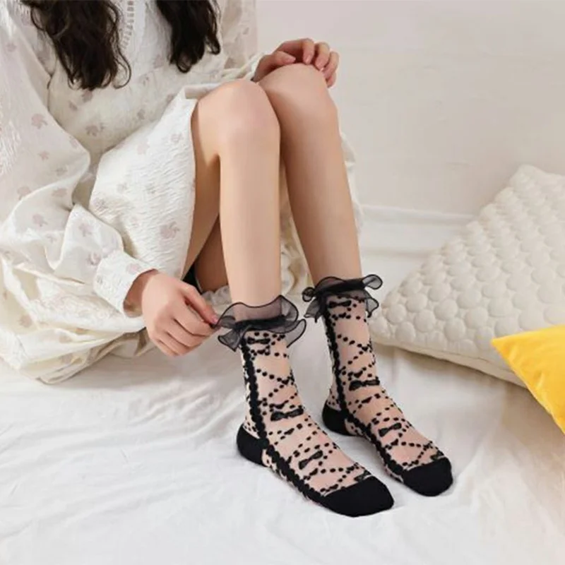 Calze a metà polpaccio con bordo in pizzo stile giapponese carino per donna - Pois neri / Nero