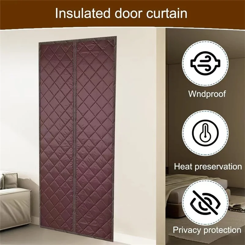 80 x 210cm Winter Thermal Door Curtain Magnetic Adhesive Windproof Partition Curtain No Drilling Required for Home - Coffee