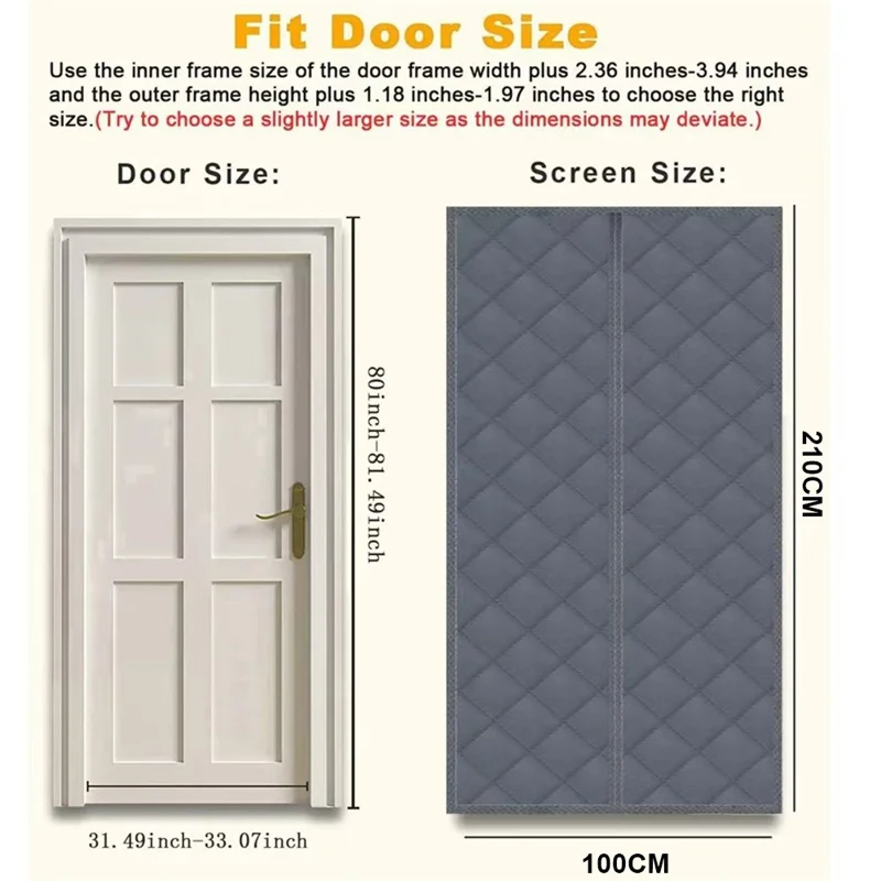 100 x 210cm Winter Thermal Door Curtain Magnetic Adhesive Windproof Partition Curtain No Drilling Required for Home - Grey