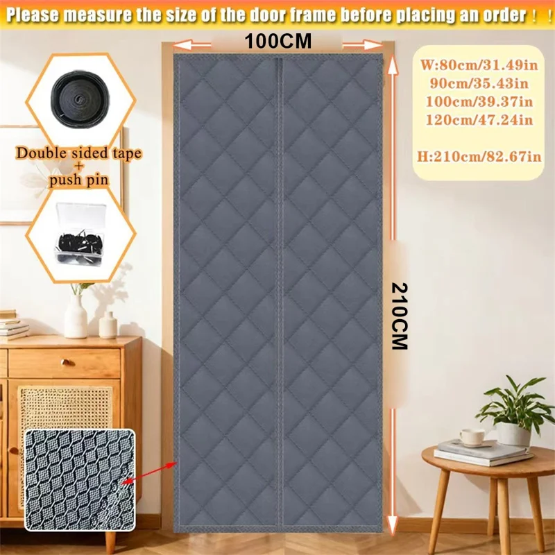 100 x 210cm Winter Thermal Door Curtain Magnetic Adhesive Windproof Partition Curtain No Drilling Required for Home - Grey