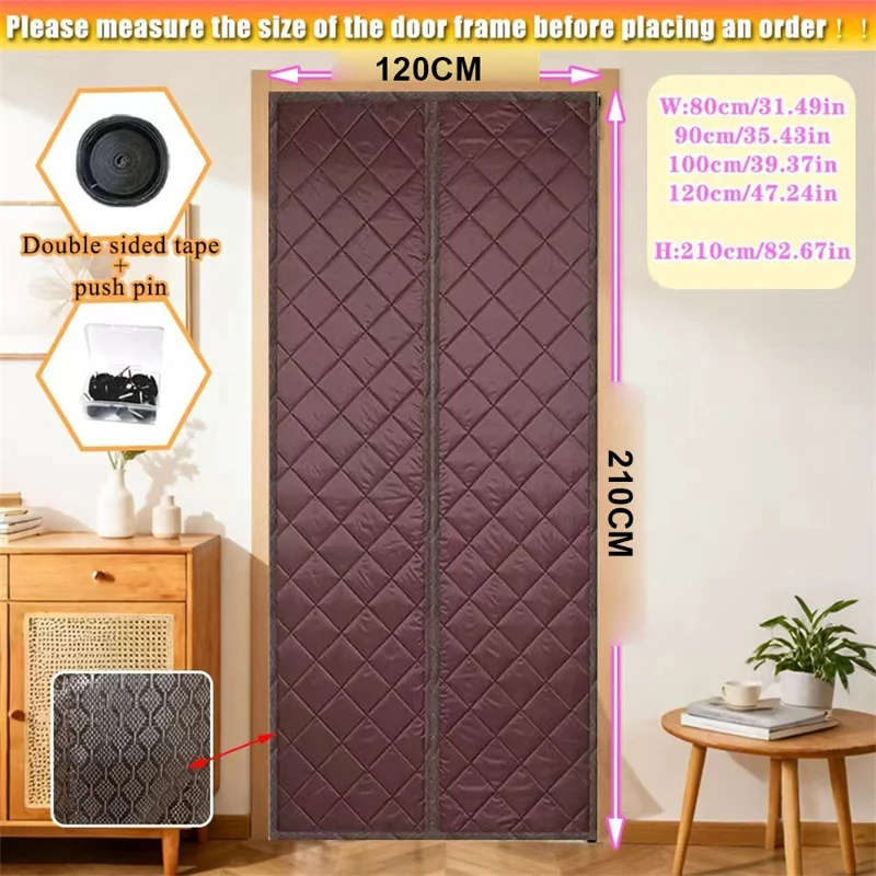 120 x 210cm Winter Thermal Door Curtain Magnetic Adhesive Windproof Partition Curtain No Drilling Required for Home - Coffee