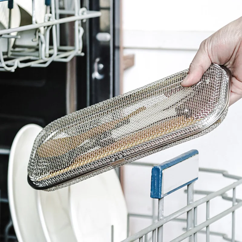 SUS304 Small Dishwasher Cutlery Storage Basket Rust Resistant Fast Drainage Cutlery Sterilizing Basket - Silver