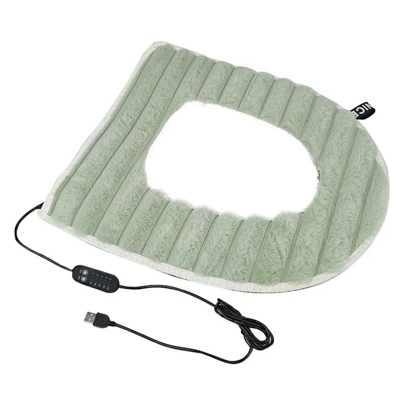 Striped USB Heated Toilet Seat Cover 5 Levels Temperature Control Washable Plush Heating Pad - Green