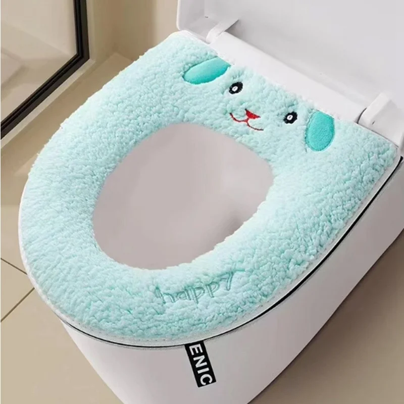Cartoon Pattern USB Heated Toilet Seat Cover Washable Lamb Fleece 5 Levels Fast Heating Pad - Blue