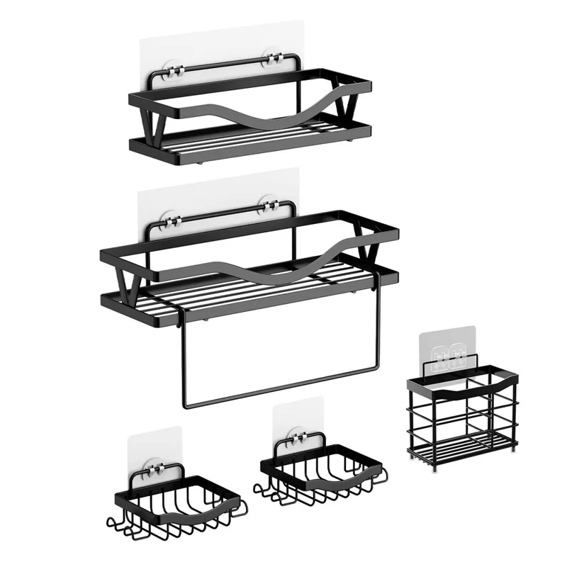 5 pièces / Ensemble d'étagères de salle de bain en acier au carbone Ensemble de rangement mural Organisateur de salle de bain Punching Free