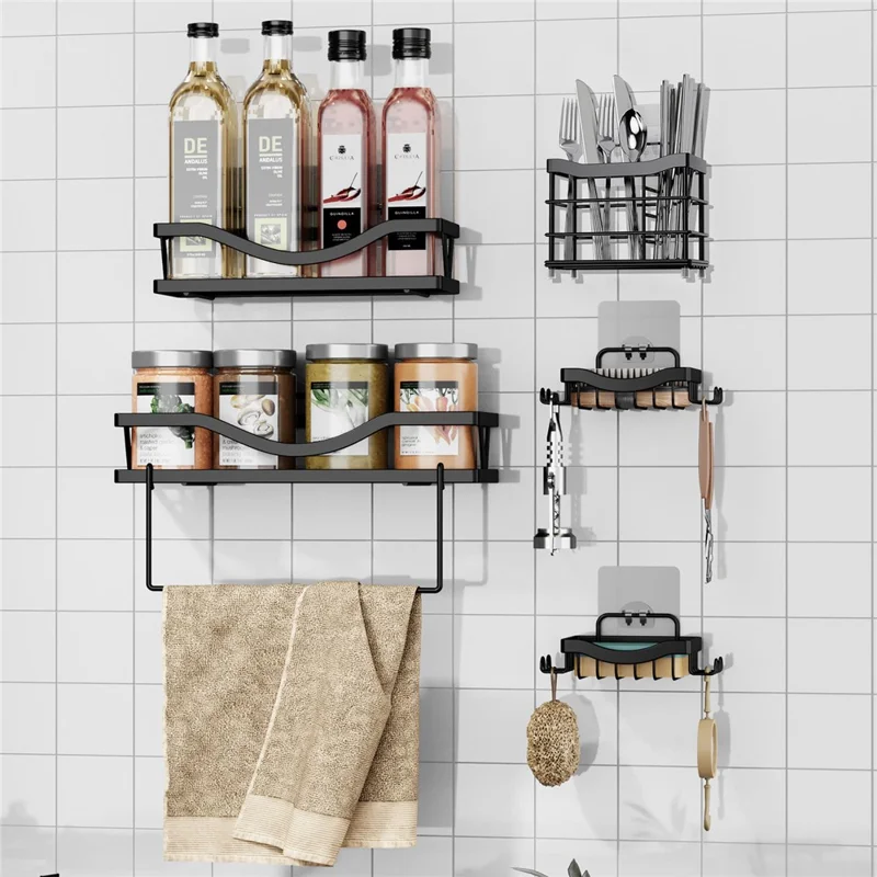 5 pièces / Ensemble d'étagères de salle de bain en acier au carbone Ensemble de rangement mural Organisateur de salle de bain Punching Free