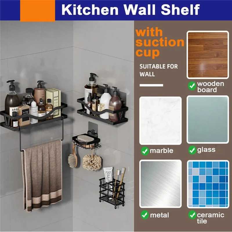 5 pièces / Ensemble d'étagères de salle de bain en acier au carbone Ensemble de rangement mural Organisateur de salle de bain Punching Free