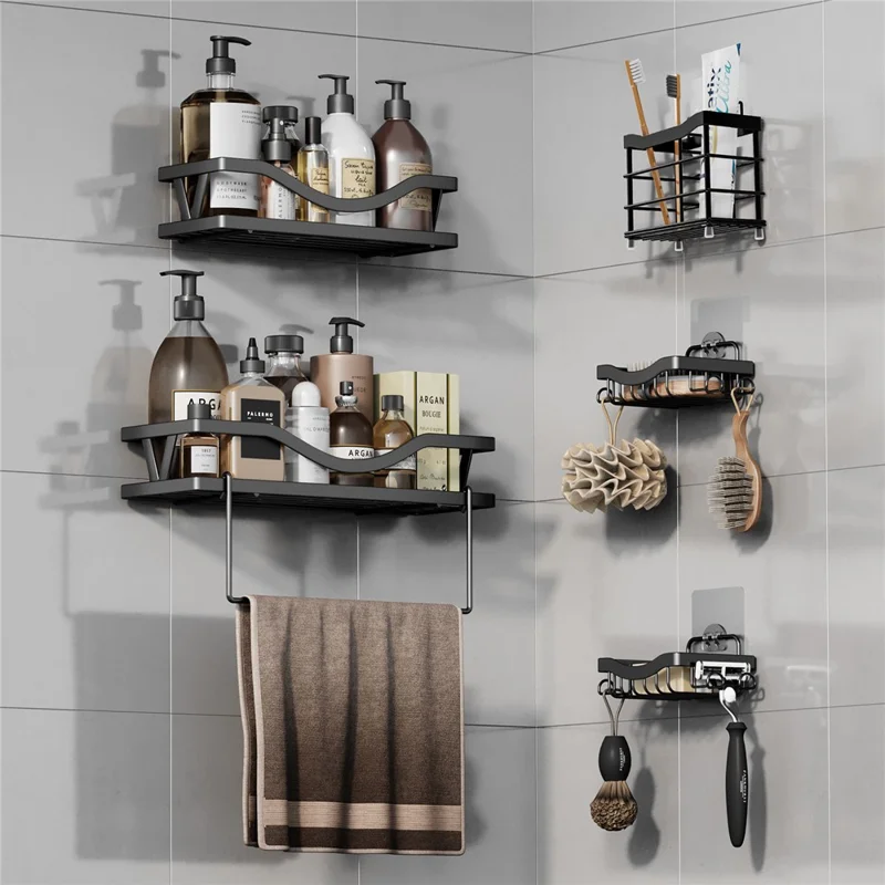 5 pièces / Ensemble d'étagères de salle de bain en acier au carbone Ensemble de rangement mural Organisateur de salle de bain Punching Free