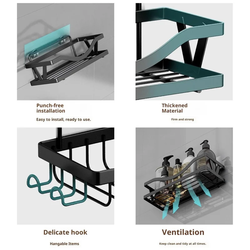 5 pièces / Ensemble d'étagères de salle de bain en acier au carbone Ensemble de rangement mural Organisateur de salle de bain Punching Free
