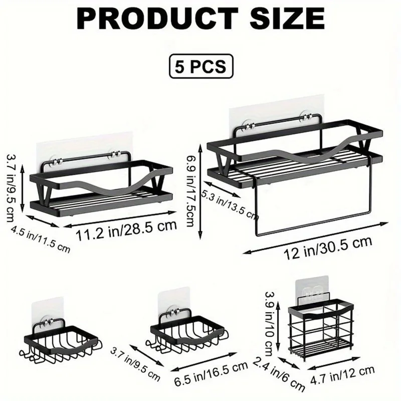 5 pièces / Ensemble d'étagères de salle de bain en acier au carbone Ensemble de rangement mural Organisateur de salle de bain Punching Free