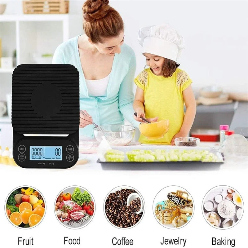 3kg Mini Electronic Scale High Precision 0.1g Digital Scale Clear LED Display Portable for Home Kitchen - Black