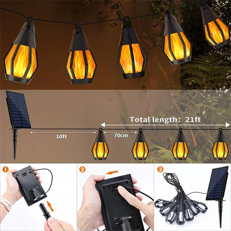 15 LEDs Realistic Flickering Flame Solar Powered String Light for Garden Patio Outdoor Decorative Lamp