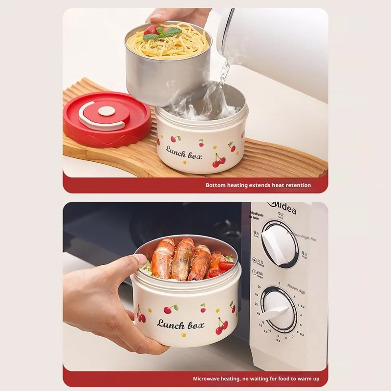 Cherry Pattern 316 Stainless Steel Lunch Box 440ML Portable Bento Container Microwave Safe for Students  /  Office Workers (No FDA)