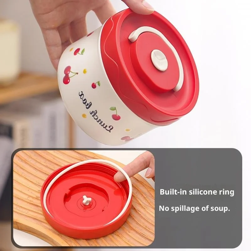 Cherry Pattern 316 Stainless Steel Lunch Box 440ML Portable Bento Container Microwave Safe for Students  /  Office Workers (No FDA)