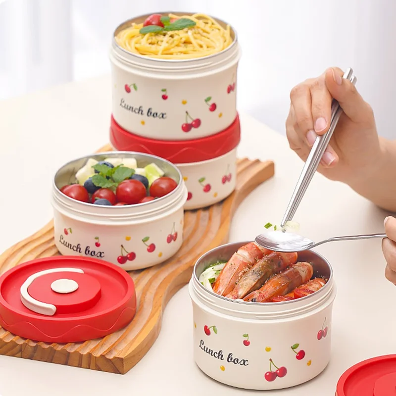 Scatola Pranzo in Acciaio Inossidabile 316 con Motivo Ciliegia, 600ML, Contenitore Bento Portatile, Sicuro per Microonde per Studenti e Lavoratori d'Ufficio (Senza FDA)