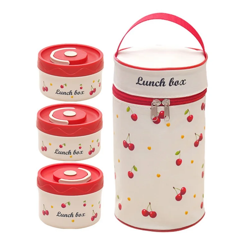 316 Stainless Steel Lunch Box Set with 2Pcs 600ML + 440ML + Insulated Bag Cherry Pattern Design for Students  /  Office Workers (No FDA)