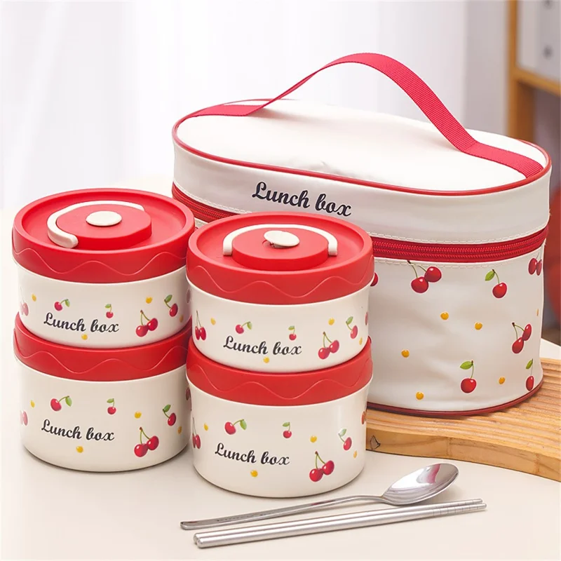 316 Stainless Steel Lunch Box Set with 2Pcs 600ML + 440ML + Insulated Bag Cherry Pattern Design for Students  /  Office Workers (No FDA)