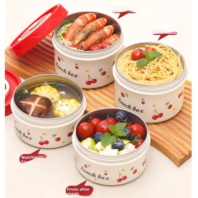 316 Stainless Steel Lunch Box Set with 2Pcs 600ML + 440ML + Insulated Bag Cherry Pattern Design for Students  /  Office Workers (No FDA)