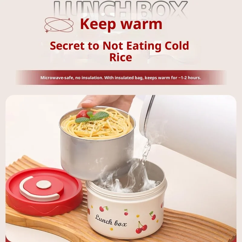 316 Stainless Steel Lunch Box Set with 2Pcs 600ML + 440ML + Insulated Bag Cherry Pattern Design for Students  /  Office Workers (No FDA)