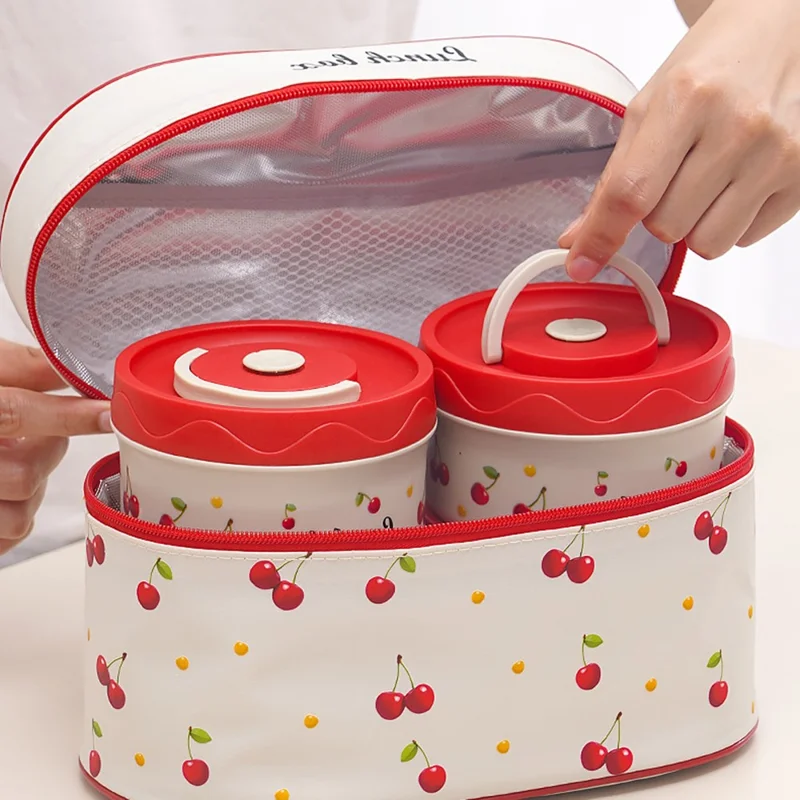 316 Stainless Steel Lunch Box Set with 2Pcs 600ML + 440ML + Insulated Bag Cherry Pattern Design for Students  /  Office Workers (No FDA)