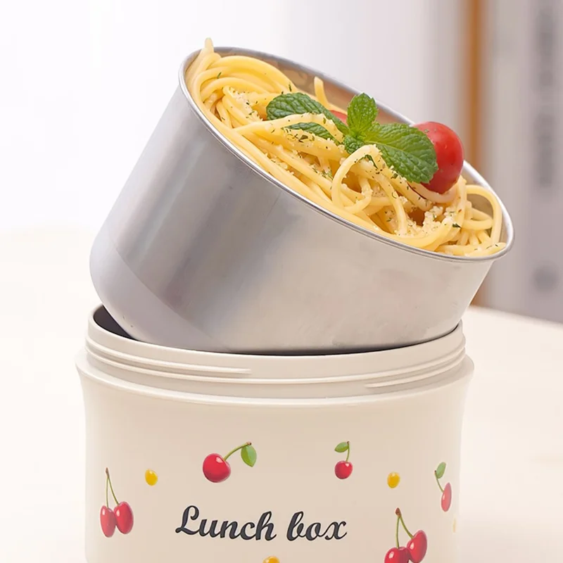 316 Stainless Steel Lunch Box Set with 2Pcs 600ML + 440ML + Insulated Bag Cherry Pattern Design for Students  /  Office Workers (No FDA)