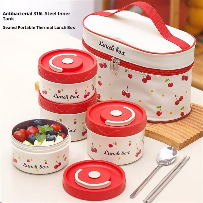 316 Stainless Steel Lunch Box Set with 2Pcs 600ML + 440ML + Insulated Bag Cherry Pattern Design for Students  /  Office Workers (No FDA)