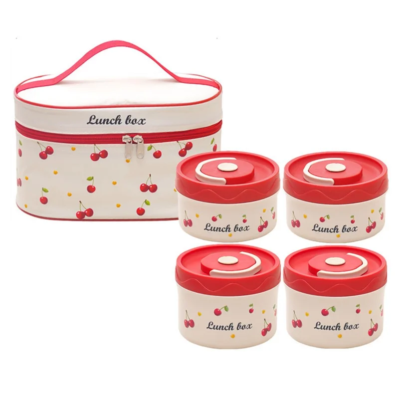 316 Stainless Steel Lunch Box Set with 2Pcs 600ML + 2Pcs 440ML + Insulated Bag Cherry Pattern Design for Students  /  Office Workers (No FDA)