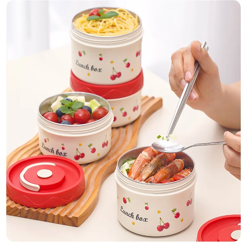 316 Stainless Steel Lunch Box Set with 2Pcs 600ML + 2Pcs 440ML + Insulated Bag Cherry Pattern Design for Students  /  Office Workers (No FDA)