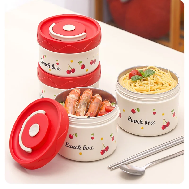 316 Stainless Steel Lunch Box Set with 2Pcs 600ML + 2Pcs 440ML + Insulated Bag Cherry Pattern Design for Students  /  Office Workers (No FDA)