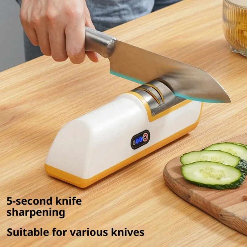 Electric Sharpener Battery Powered Kitchen Tool Knife Grinder with Speed Settings Fast Sharpening - Yellow