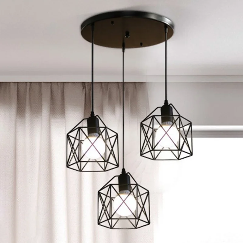 Pendant Light Round Ceiling Plate with 3 Lighting Metal Cage Lampshade (E27 Lamp Cap, without Bulb)