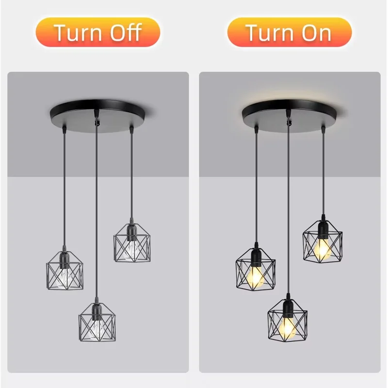 Pendant Light Round Ceiling Plate with 3 Lighting Metal Cage Lampshade (E27 Lamp Cap, without Bulb)