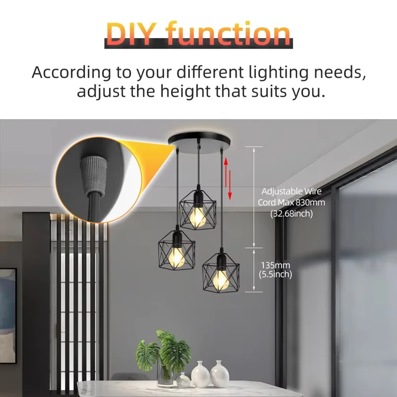 Pendant Light Round Ceiling Plate with 3 Lighting Metal Cage Lampshade (E27 Lamp Cap, without Bulb)