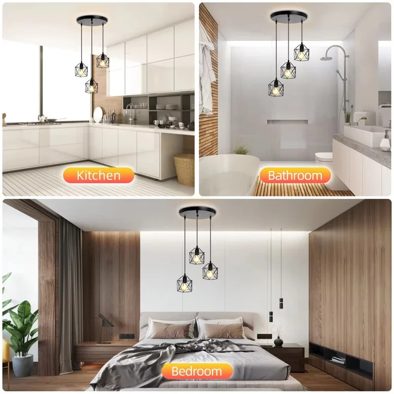 Pendant Light Round Ceiling Plate with 3 Lighting Metal Cage Lampshade (E27 Lamp Cap, without Bulb)