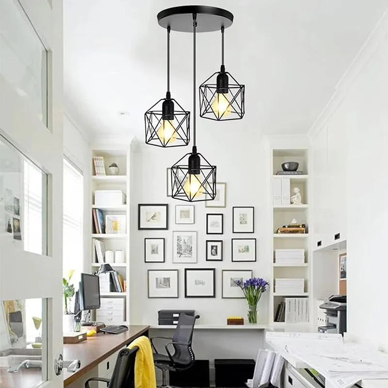 Pendant Light Round Ceiling Plate with 3 Lighting Metal Cage Lampshade (E27 Lamp Cap, without Bulb)