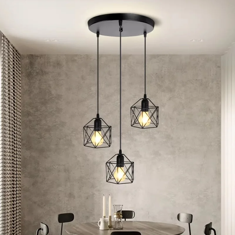 Pendant Light Round Ceiling Plate with 3 Lighting Metal Cage Lampshade (E27 Lamp Cap, without Bulb)