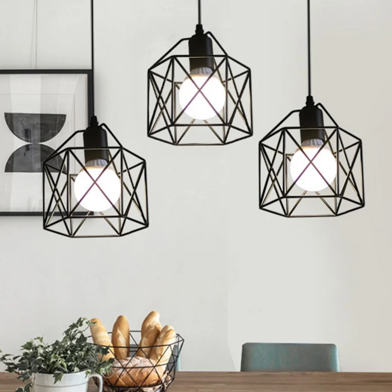 Pendant Light Round Ceiling Plate with 3 Lighting Metal Cage Lampshade (E27 Lamp Cap, without Bulb)
