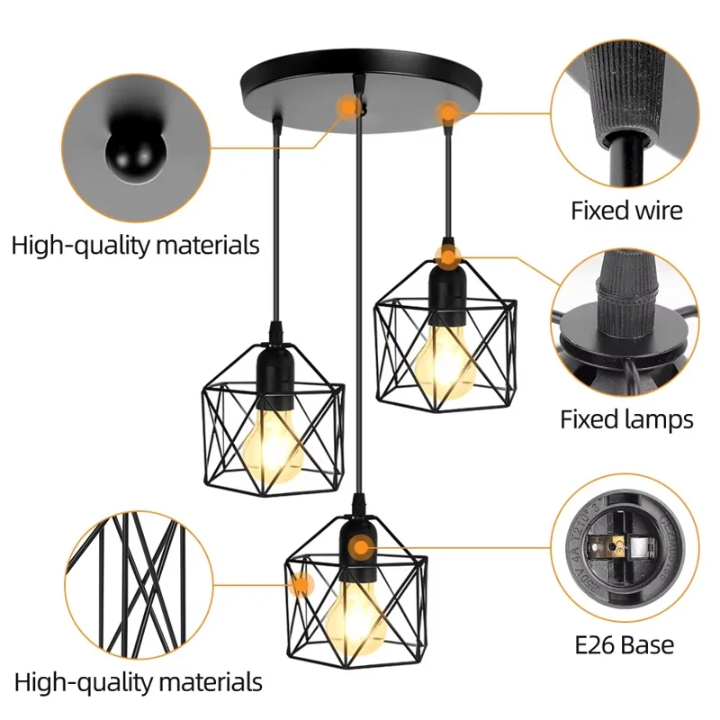 Pendant Light Round Ceiling Plate with 3 Lighting Metal Cage Lampshade (E27 Lamp Cap, without Bulb)