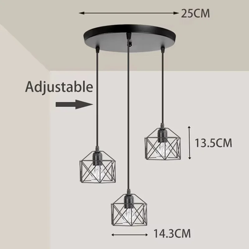 Pendant Light Round Ceiling Plate with 3 Lighting Metal Cage Lampshade (E27 Lamp Cap, without Bulb)