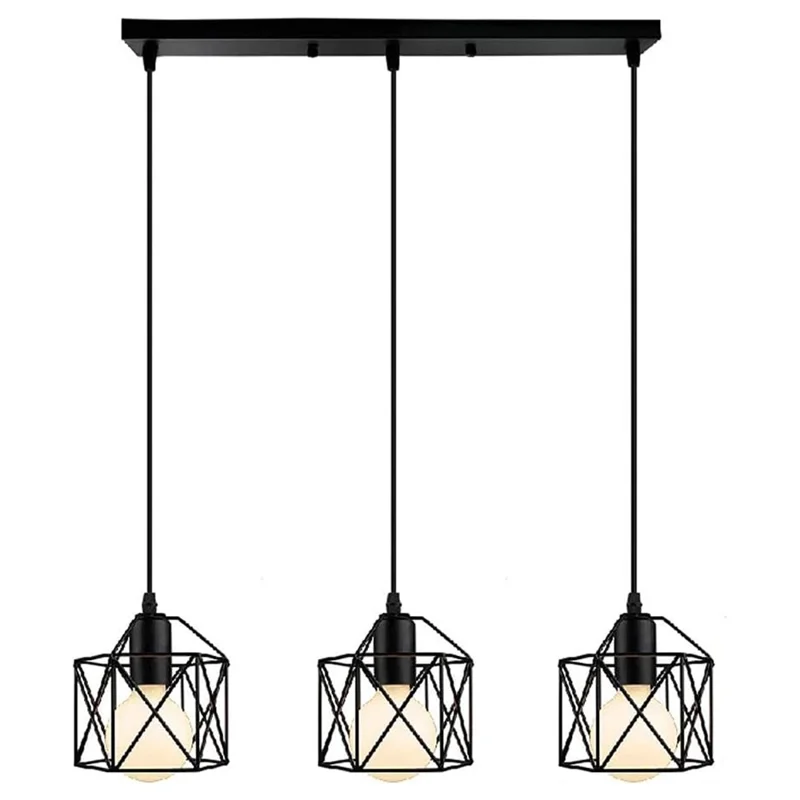 Pendant Light Rectangle Ceiling Plate with 3 Lighting Metal Cage Lampshade (E27 Lamp Cap, without Bulb)